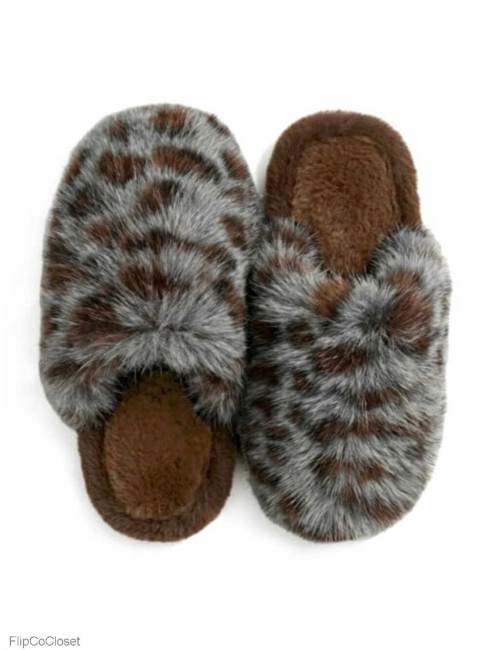 Leopard Faux Fur Fuzzy Scuff Slippers Memory Foam Plush Closed Toe